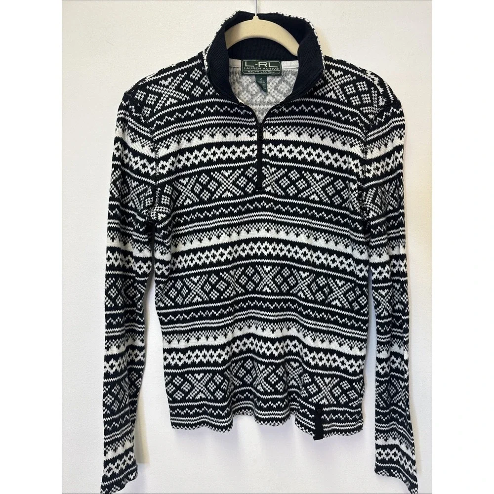 Lauren Ralph Lauren LRL Active  Shirt ‎ Size Medium Black White Women's 1/4 Zip